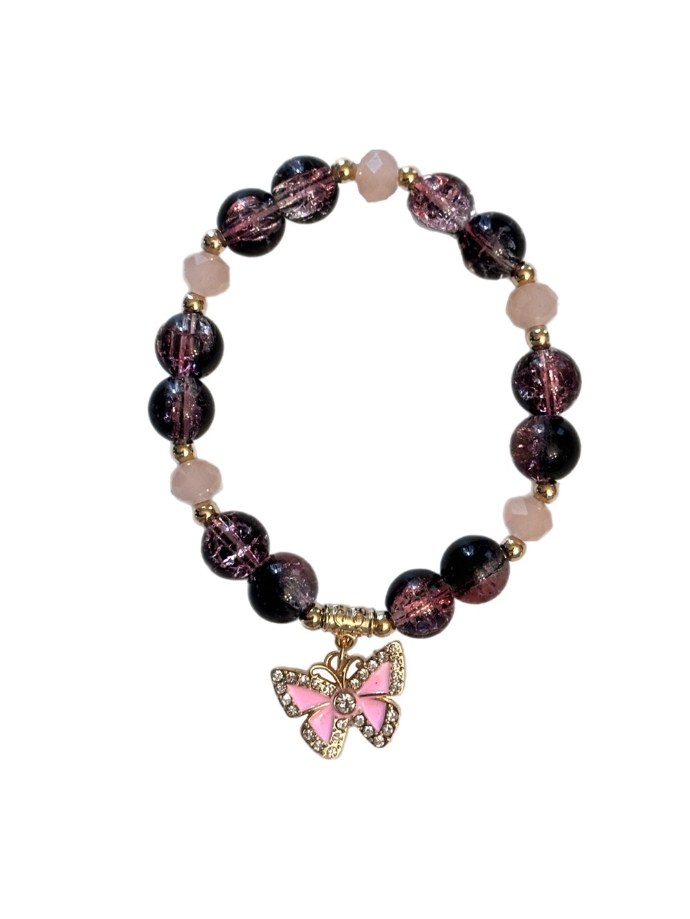 Gold Tone Pink Butterfly Charm Beaded Bracelet
